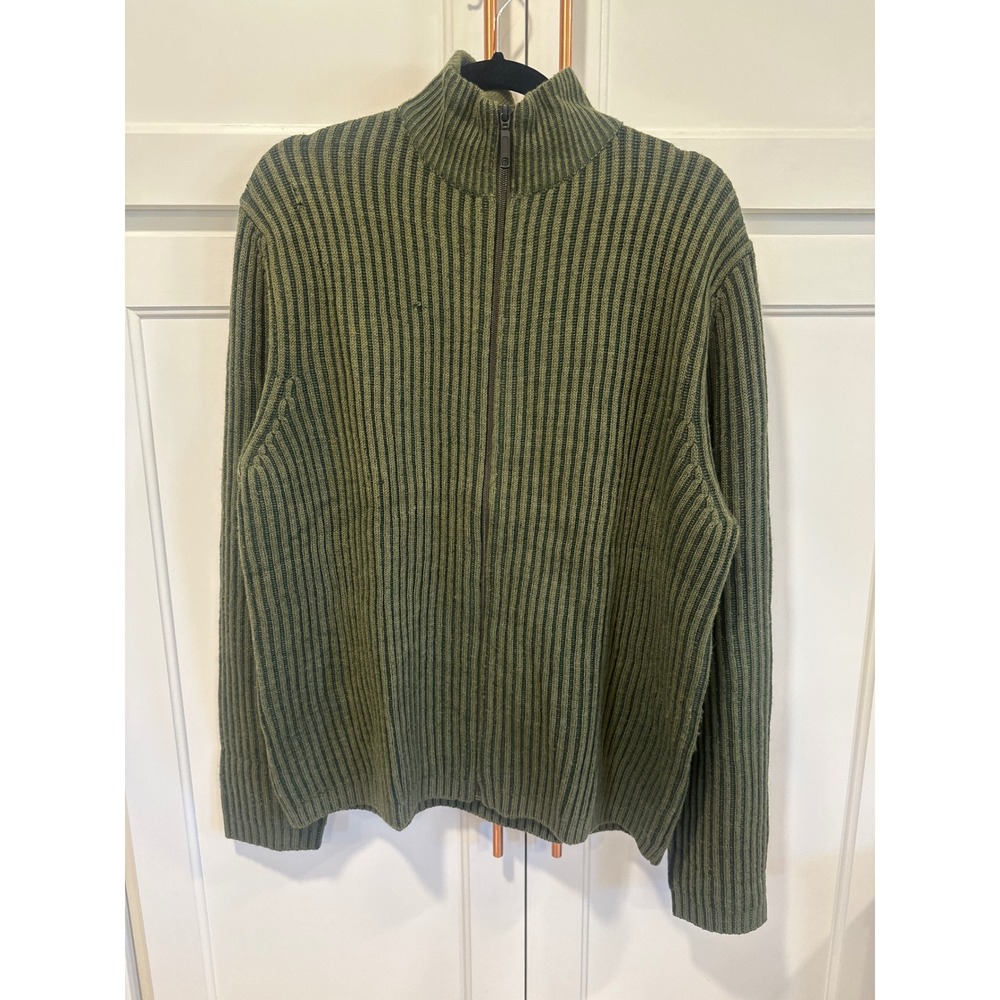 Express Men M Olive Green 100% Italian Merino Wool Ribbed Full Zip Sweater warm
